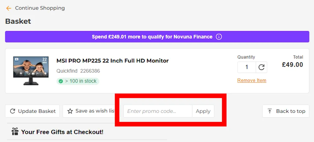 Screenshot showing where to apply a ebuyer discount code during checkout on ebuyer.com.
