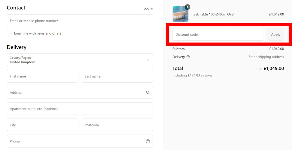 Screenshot showing where to apply a Eterna Home discount code during checkout on www.eternahome.co.uk.