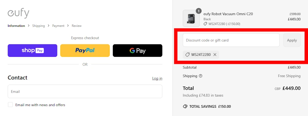 Image of where to enter a discount code for Eufy on uk.eufy.com.
