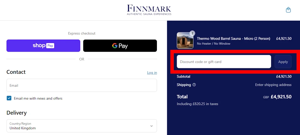 Screenshot showing where to apply a Finnmark Sauna discount code during checkout on finnmarksauna.com.