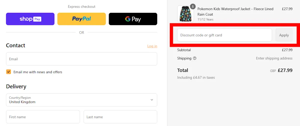 Screenshot showing where to apply a get trend discount code during checkout on gettrend.com.