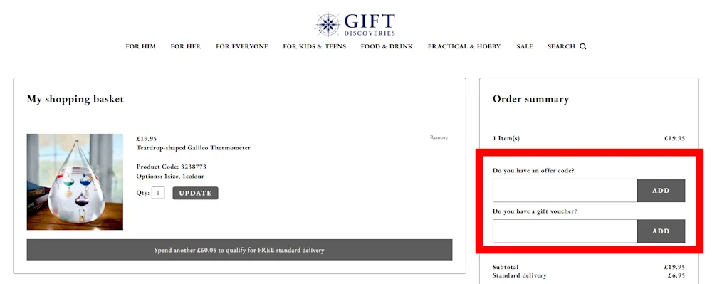 Screenshot showing where to apply a Gift Discoveries discount code during checkout on www.giftdiscoveries.co.uk.