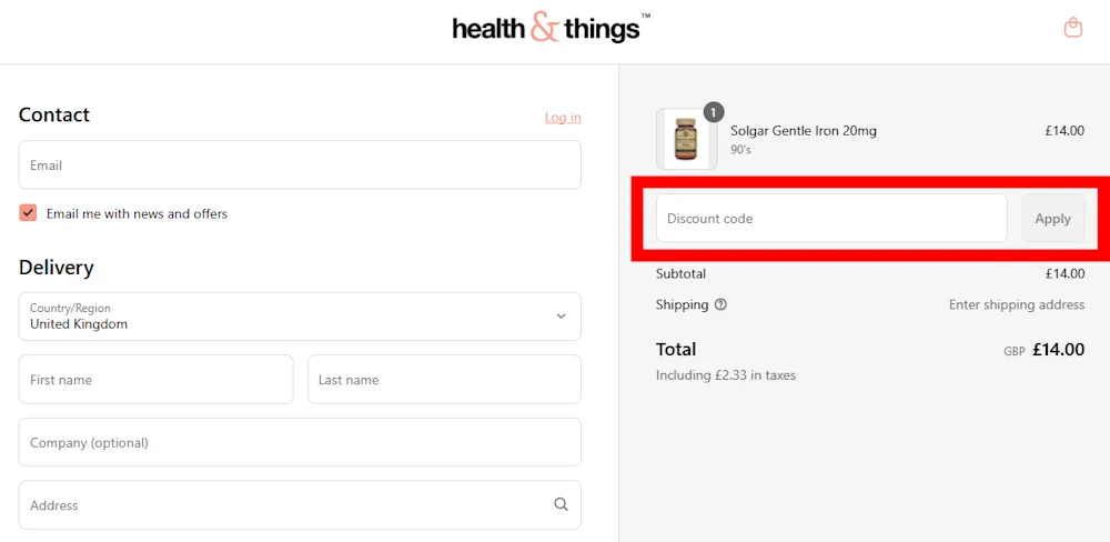 Screenshot showing where to apply a Health and Things promo code during checkout on healthandthings.com.