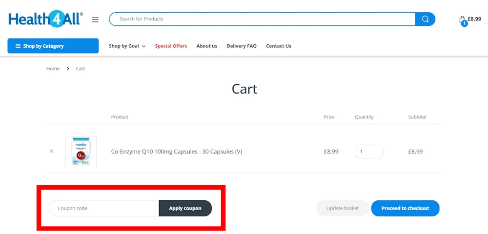 Screenshot showing where to apply a health4all supplements discount code during checkout on health4all.co.uk.