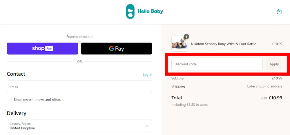 Image of where to enter a discount code for Hello Baby Direct on www.hellobabydirect.com.