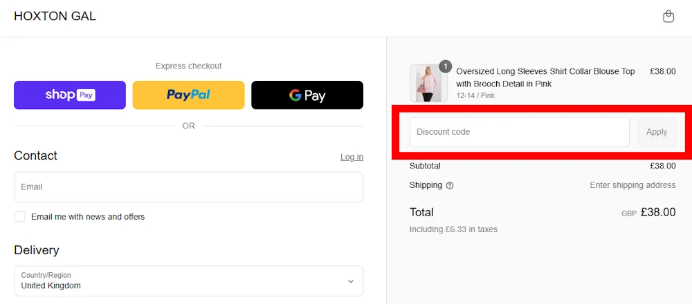 Screenshot showing where to apply a Hoxton Gal discount code during checkout on www.hoxtongal.co.uk.