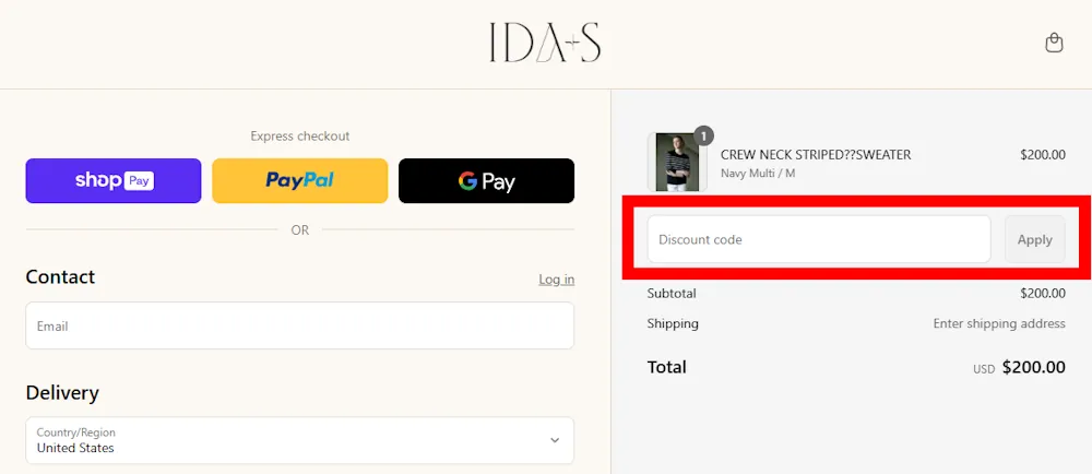 Screenshot showing where to apply a IDAS discount code during checkout on www.idascollection.com.