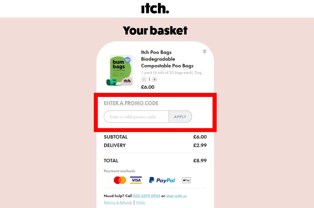 Screenshot showing where to apply a Itch discount code during checkout on www.itchpet.com.