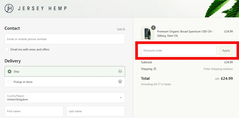 Screenshot showing where to apply a Jersey Hemp discount code during checkout on jersey-hemp.com.