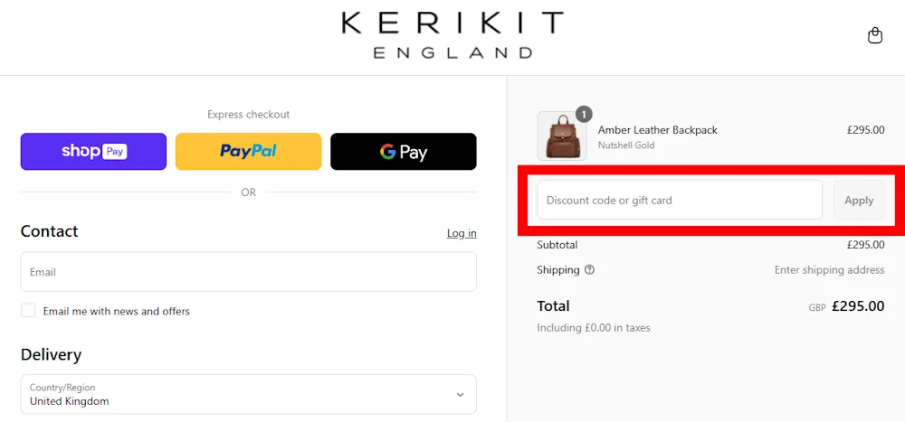 Image of where to enter a discount code for kerikit on kerikit.com.