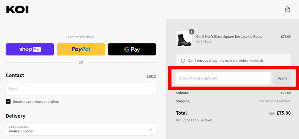 Screenshot showing where to apply a Koi discount code during checkout on www.koifootwear.com.