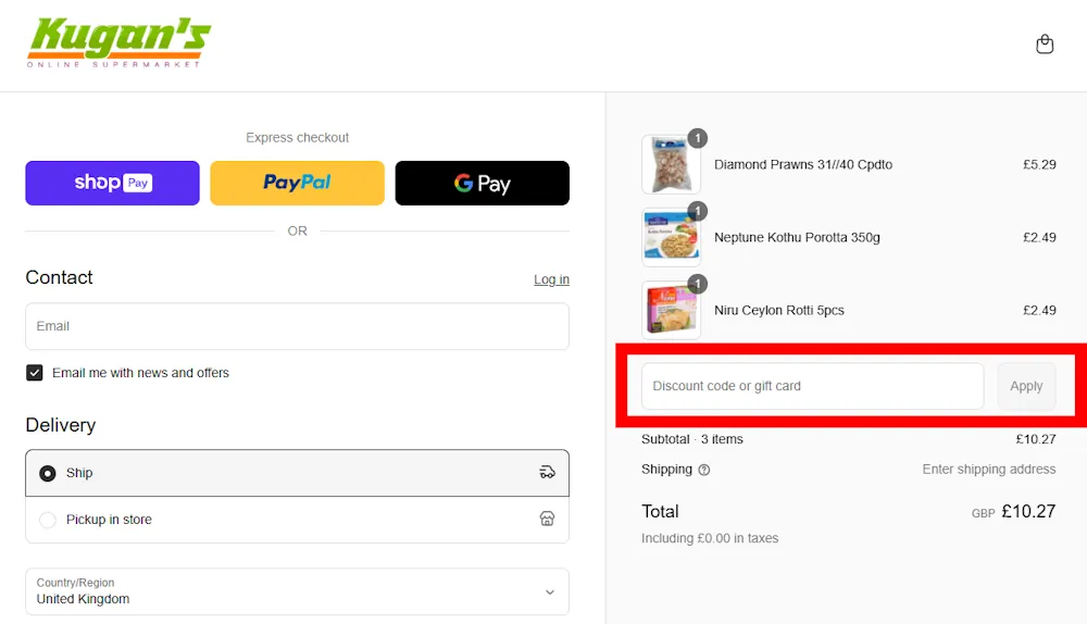 Screenshot showing where to apply a Kugans discount code during checkout on www.kugans.com.