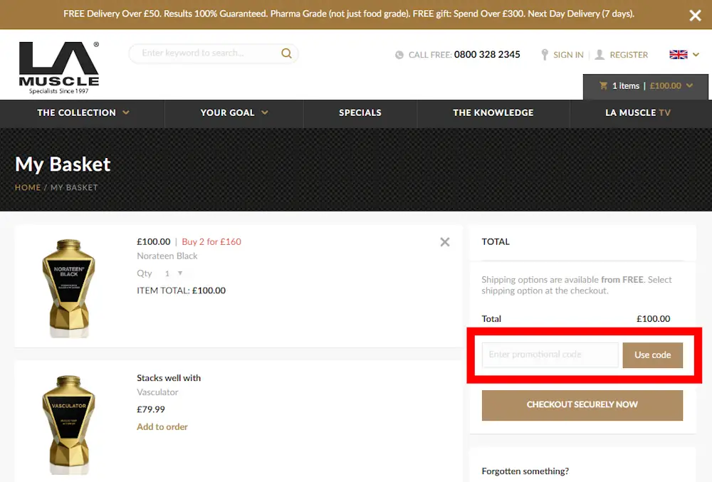 Screenshot showing where to apply a LA Muscle discount code during checkout on www.lamuscle.com.