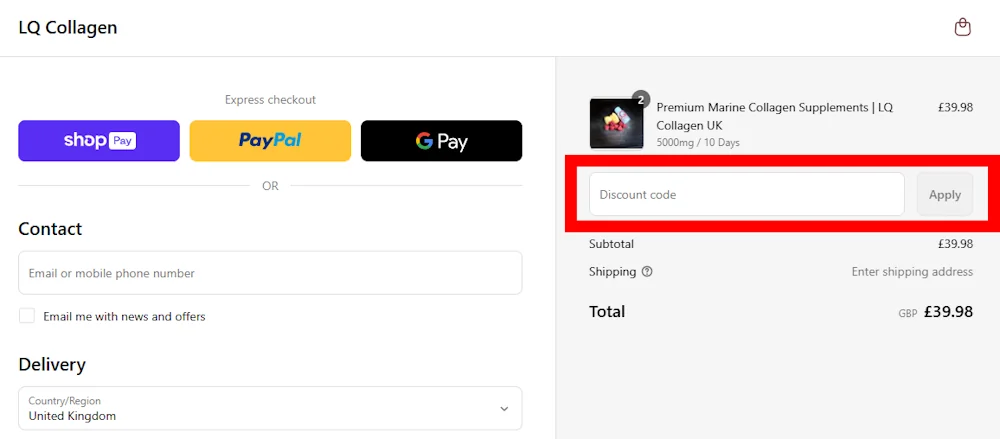 Screenshot showing where to apply a LQ Collagen discount code during checkout on lqcollagen.com.