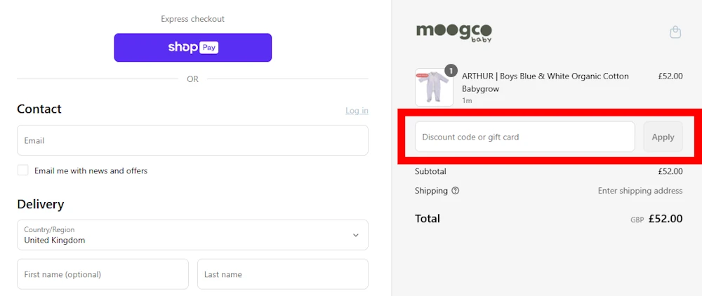 Screenshot showing where to apply a Moogco Baby promo code during checkout on moogcobaby.com.