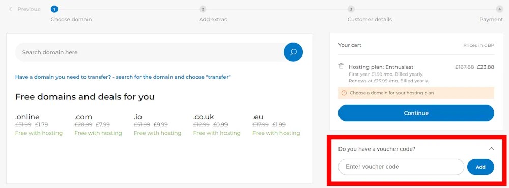 Screenshot showing where to apply a one.com promo code during checkout on www.one.com.