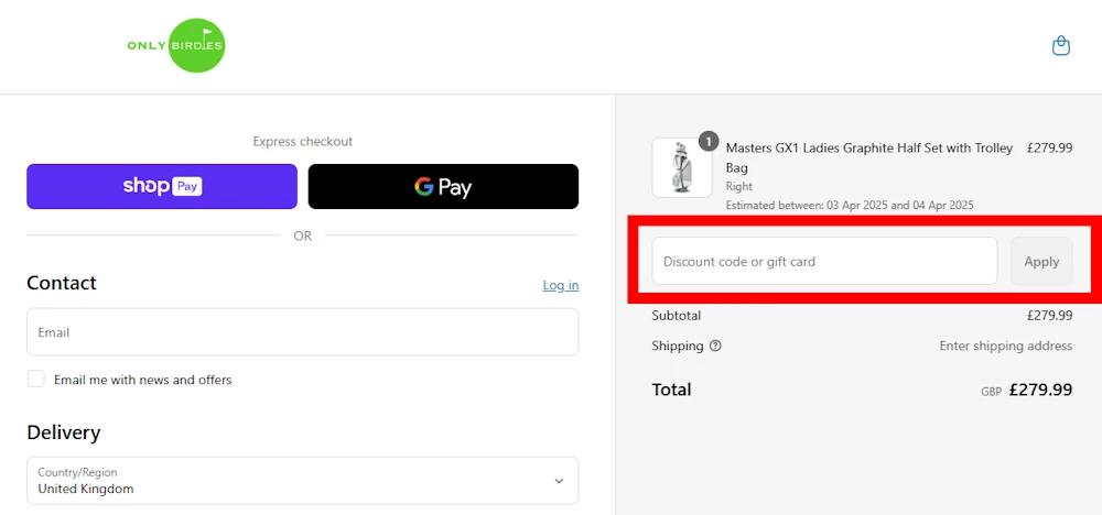 Image of how to enter a discount code for Only Birdies on onlybirdies.co.uk.