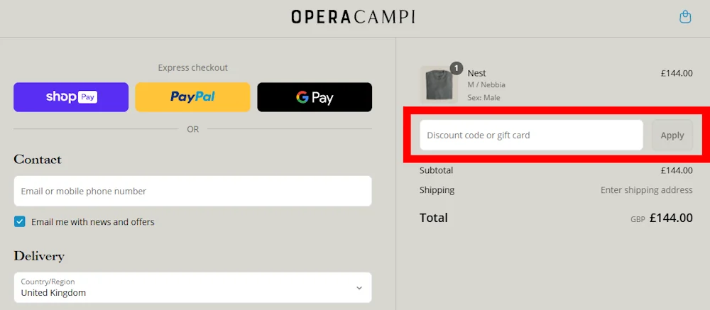 Image of where to enter a discount code for opera campi on operacampi.com.