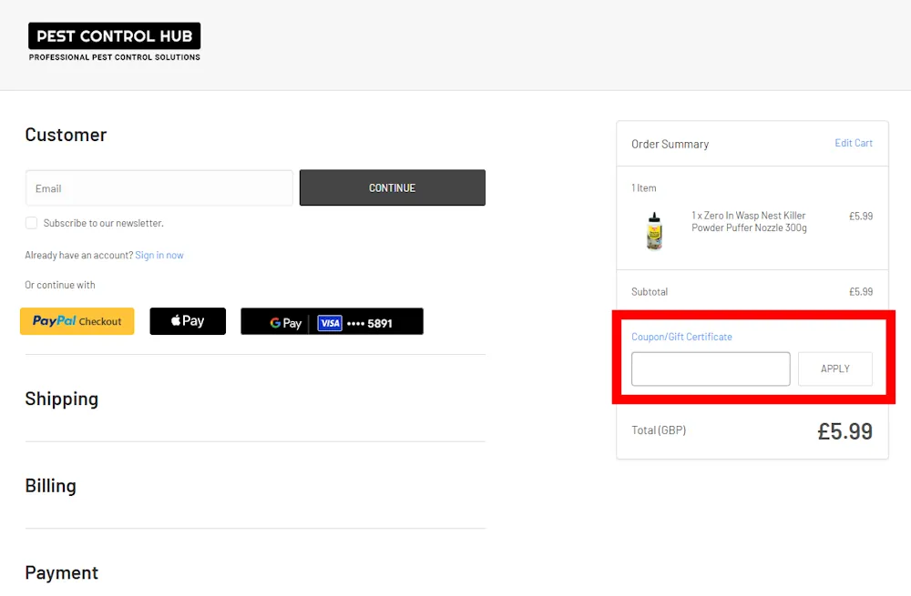 Screenshot showing where to apply a Pest Control Hub discount code during checkout on www.pestcontrolhub.co.uk.