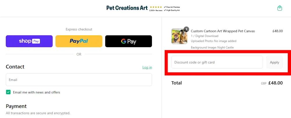 Screenshot showing where to apply a Pet Creations Art discount code during checkout on petcreationsart.com.