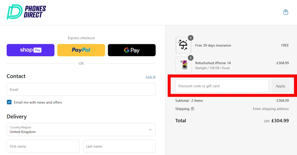 Image of how to enter a discount code for Phones Direct on phonesdirect.com.