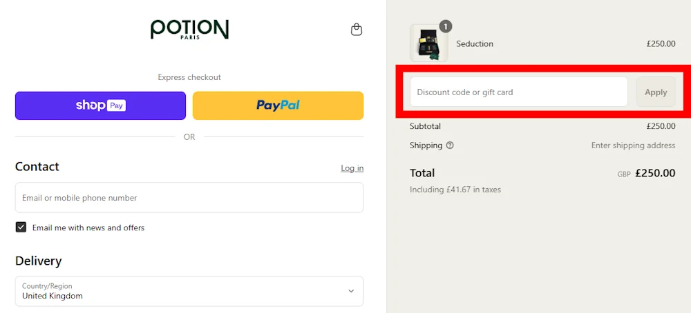 Screenshot showing where to apply a Potion Paris discount code during checkout on potionparis.com.