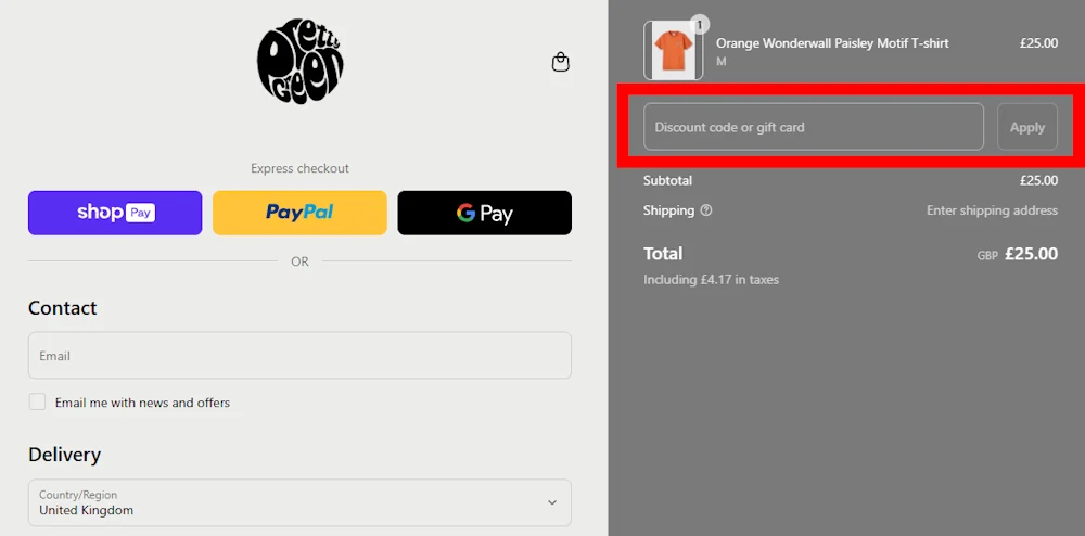 Screenshot showing where to apply a Pretty Green discount code during checkout on www.prettygreen.com.