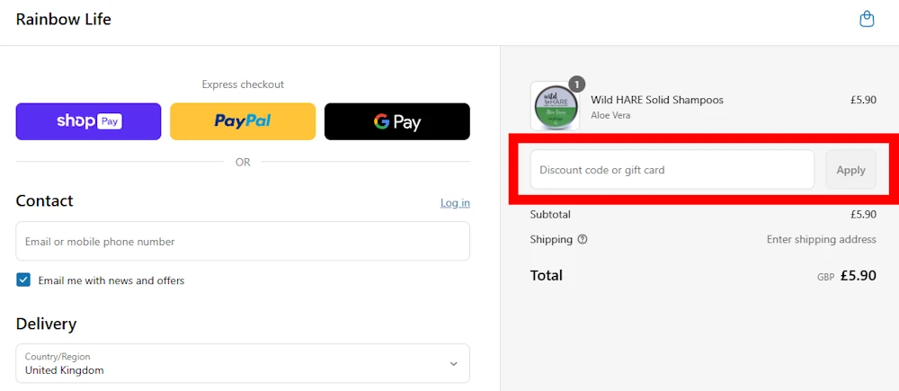 Screenshot showing where to apply a Rainbow Life discount code during checkout on www.rainbowlife.co.uk.