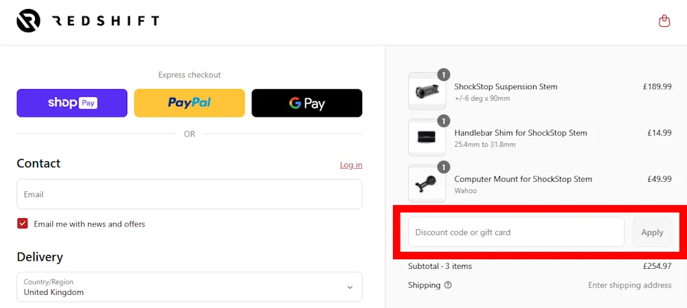 Screenshot showing where to apply a Redshift Sports promo code during checkout on redshiftsports.com.