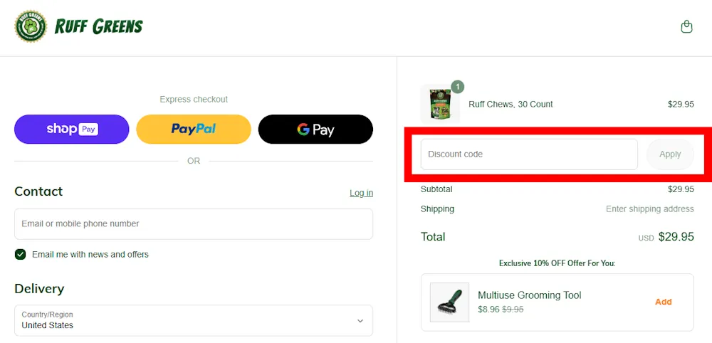 Screenshot showing where to apply a Ruff Greens discount code during checkout on ruffgreens.com.