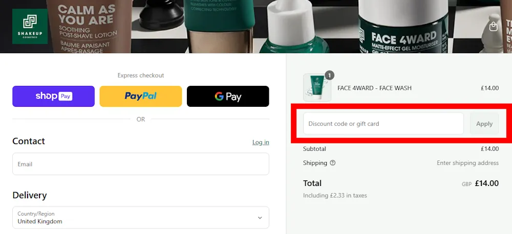 Screenshot showing where to apply a Shakeup discount code during checkout on www.shakeupcosmetics.com.