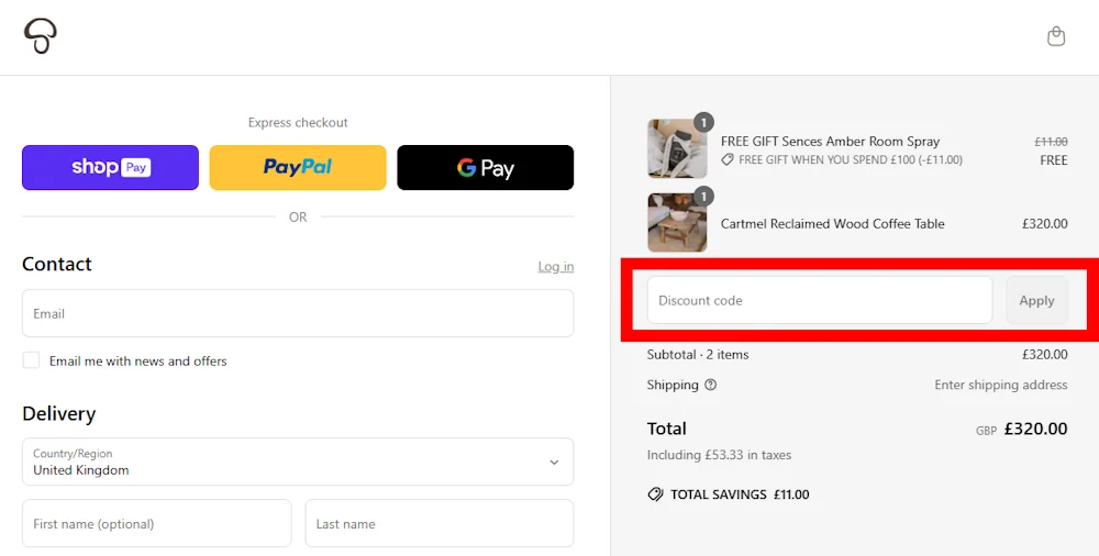 Screenshot showing where to apply a silver mushroom discount code during checkout on www.silvermushroom.com.