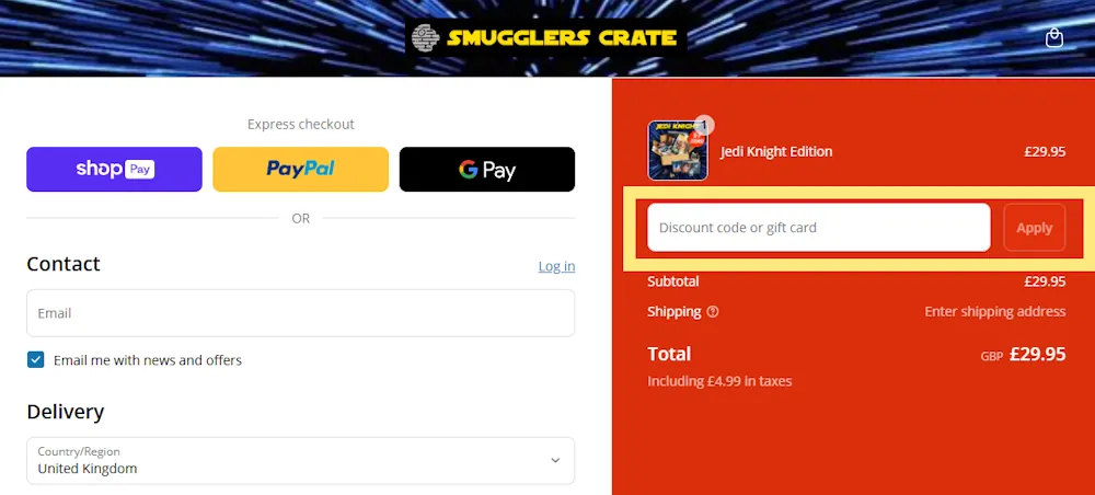 Screenshot showing where to apply a Smugglers Crate discount code during checkout on smugglerscrate.com.