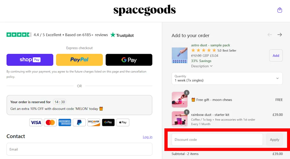 Screenshot showing where to apply a Spacegoods discount code during checkout on spacegoods.com.