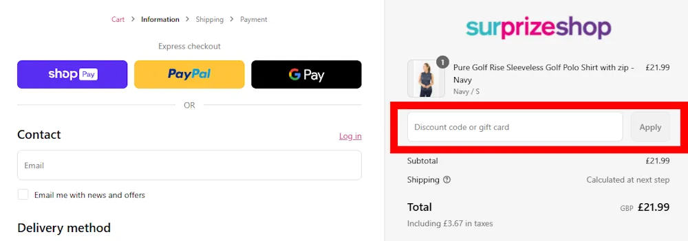 Screenshot showing where to apply a Surprizeshop discount code during checkout on surprizeshop.co.uk.