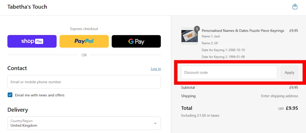 Screenshot showing where to apply a Tabetha’s Touch discount code during checkout on www.tabethastouch.co.uk.