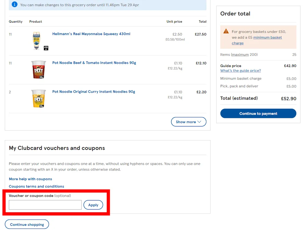 Screenshot showing where to apply a tesco promo code during checkout on www.tesco.com.