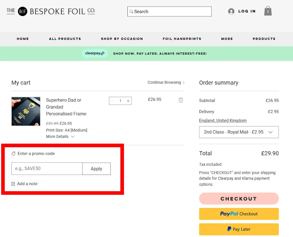 Screenshot showing where to apply a The Bespoke Foil Company discount code during checkout on www.thebespokefoilcompany.co.uk.