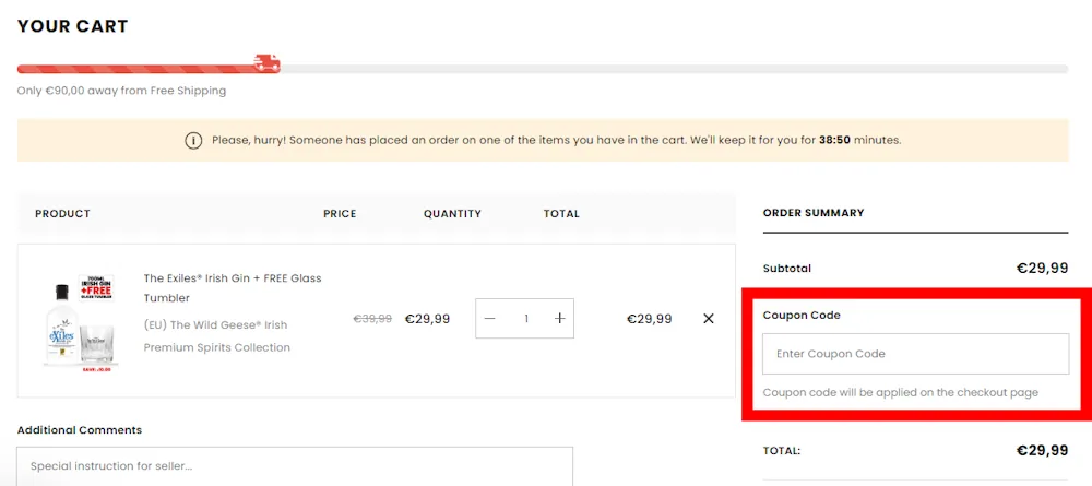 Screenshot showing where to apply a The Wild Geese discount code during checkout on irishpremiumspirits.eu.