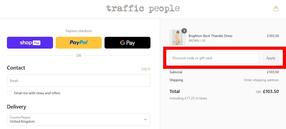 Image of where to enter a discount code for Traffic People on trafficpeople.co.uk.