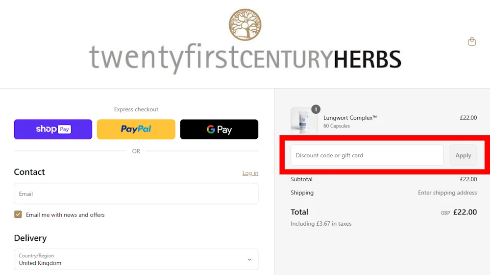Screenshot showing where to apply a Twenty First Century Herbs discount code during checkout on www.twentyfirstcenturyherbs.com.