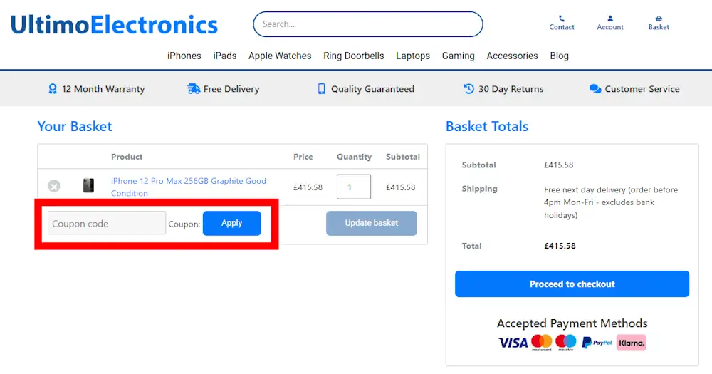 Screenshot showing where to apply a Ultimo Electronics discount code during checkout on ultimoelectronics.co.uk.