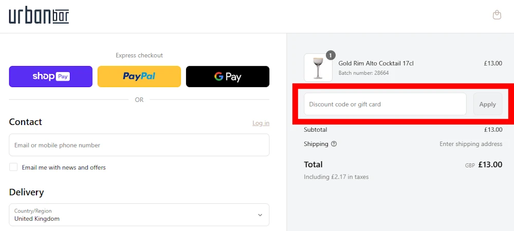 Screenshot showing where to apply a Urban Bar promo code during checkout on www.urbanbar.com.