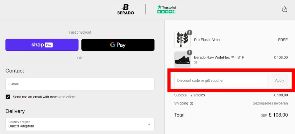 Screenshot showing where to apply a Berado promo code during checkout on berado.nl.
