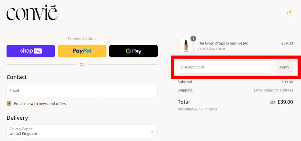Screenshot showing where to apply a Convié promo code during checkout on weareconvie.com.
