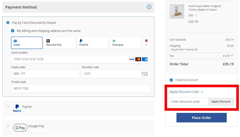Screenshot showing where to apply a gaiachimes promo code during checkout on www.gaiachimes.co.uk.