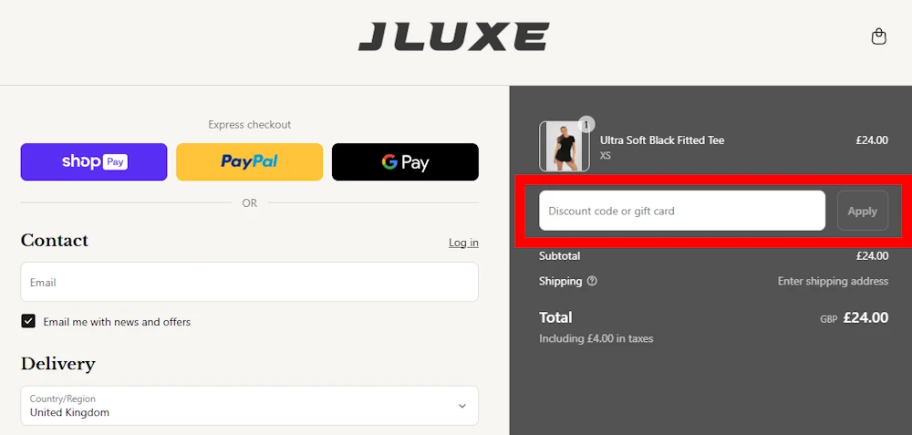 Screenshot showing where to apply a JLUXE promo code during checkout on jluxefit.com.