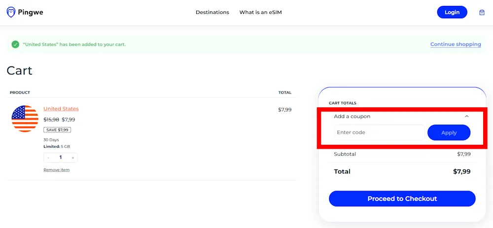 Screenshot showing where to apply a Pingwe promo code during checkout on pingwe.com.