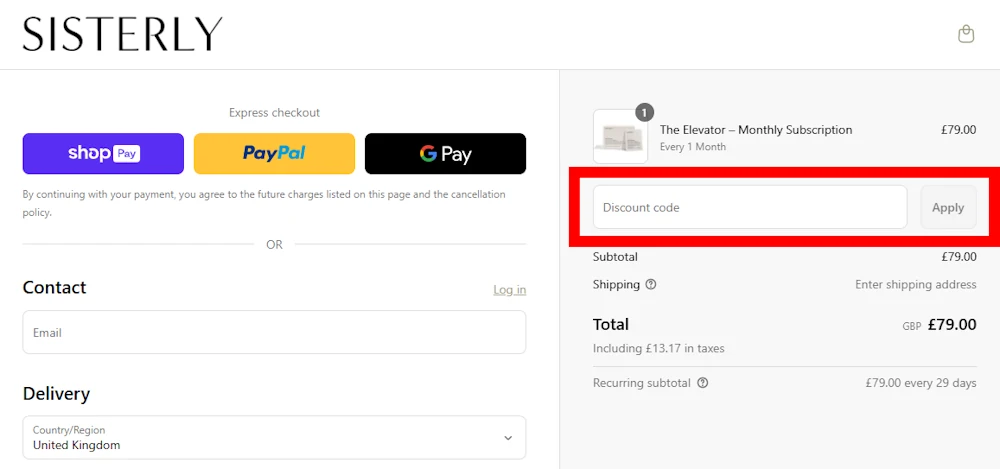 Screenshot showing where to apply a sisterly promo code during checkout on sisterlylab.com.