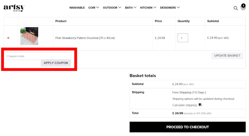 Screenshot showing where to apply a Artsy Mats promo code during checkout on artsymats.com.